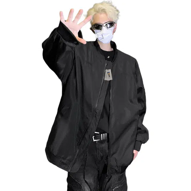 地界二 美式街头潮牌宽松嘻哈拉链工装宽松嘻哈拉链字母数字收口袖夹克外套 男款