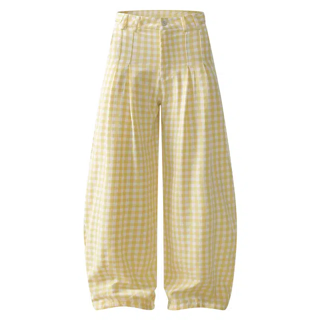 海獭 高腰宽松显瘦拖地弯刀裤子多巴胺格子阔腿休闲裤 女款