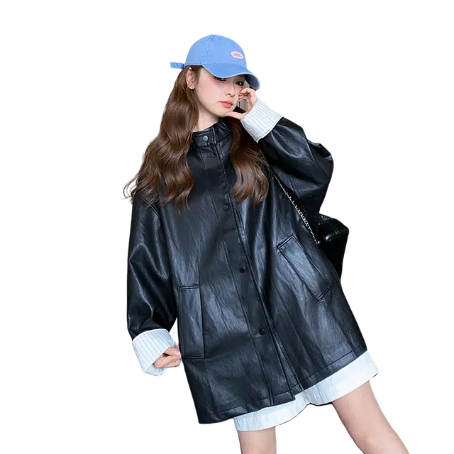 稻草人 复古立领中长款休闲宽松皮衣 女款