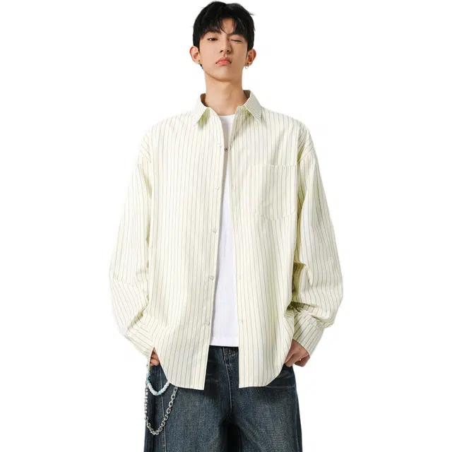 瑞梵帝斯 美式复古简约条纹设计休闲宽松美拉德风学院风无性别高街潮流落肩领口翻领百搭短袖防晒外套男生衬衫 男款