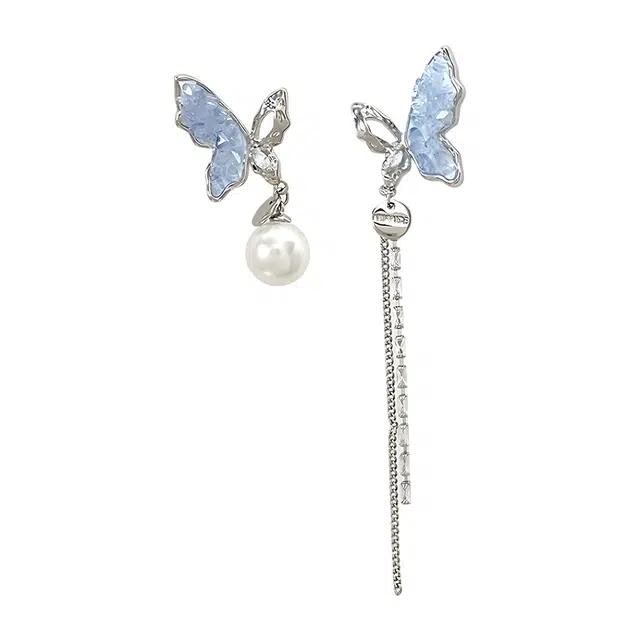 饰伴 冰蝶晶耳饰 蓝色蝴蝶耳饰闪耀高级感长款小众设计日常百搭#好运 合金 耳环 女款