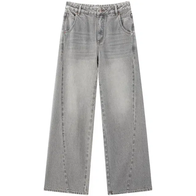 太平鸟 宽松简约时尚复古做旧高腰阔腿直筒牛仔裤 女款