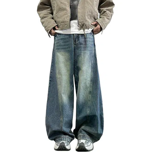 地界二 春秋直筒男青休闲潮牌水洗韩版港风复古拖地长裤子牛仔裤 男女同款