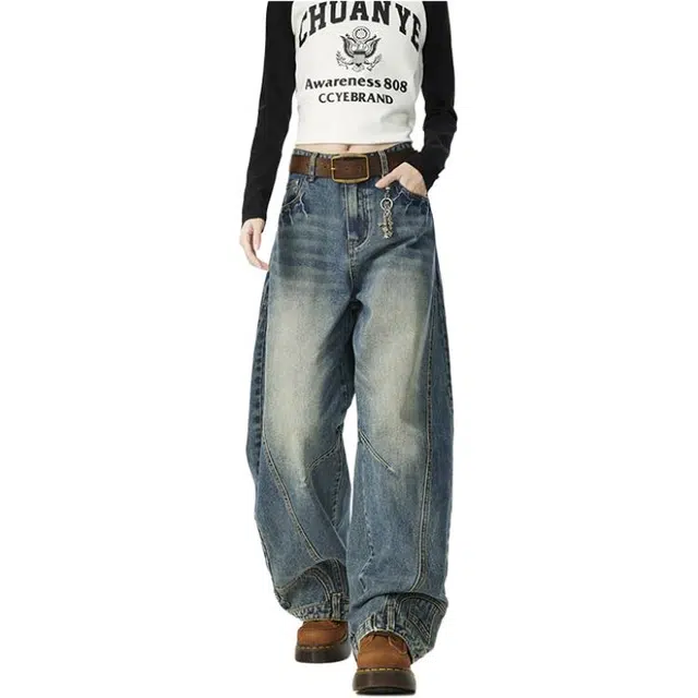 颂希尔 美式水洗男秋季潮牌设计感拼接长裤高街百搭宽松弯刀阔腿裤牛仔裤 男女同款