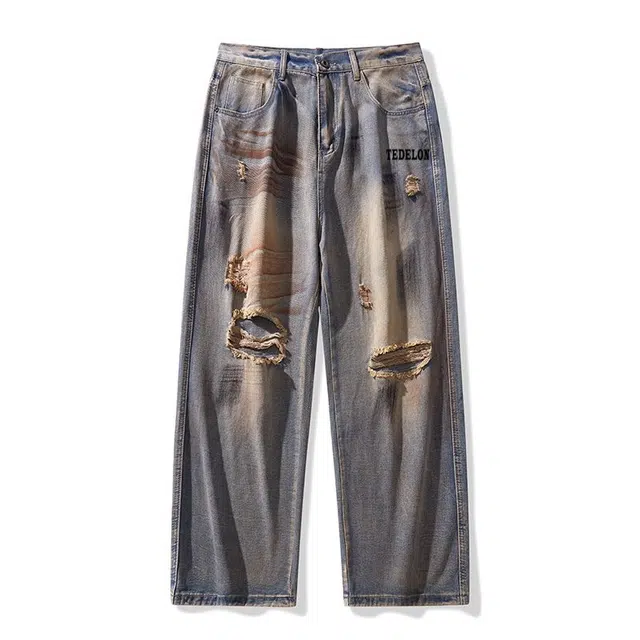 太子龍 美式破洞高街水洗做旧复古锈土潮流宽松微喇废土风磨毛休闲拖地裤加长牛仔裤 男款