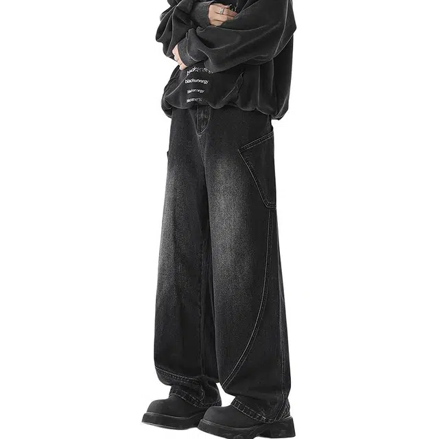 协协乐 美式水洗弯刀工装春秋季潮牌高街复古做旧拼接设计感宽松阔腿直筒百搭青少年休闲长裤牛仔裤 男款