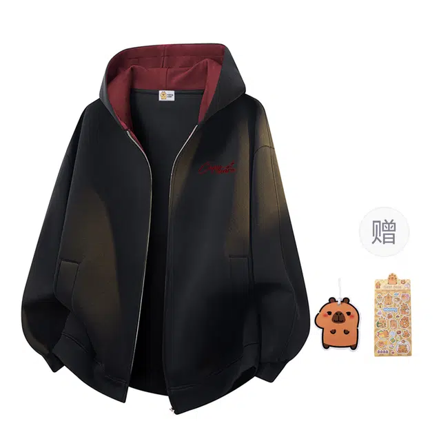 卡皮巴拉小黄豚 刺绣重磅慵懒设计感少年穿搭休闲外套美式复古校园风潮流拼接春秋轻奢宽松简约开衫连帽卫衣 男女同款