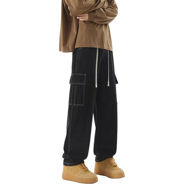 协协乐 美式复古水洗牛仔春秋季潮牌宽松直筒阔腿明线装饰青少年休闲百搭运动长裤工装裤 男款