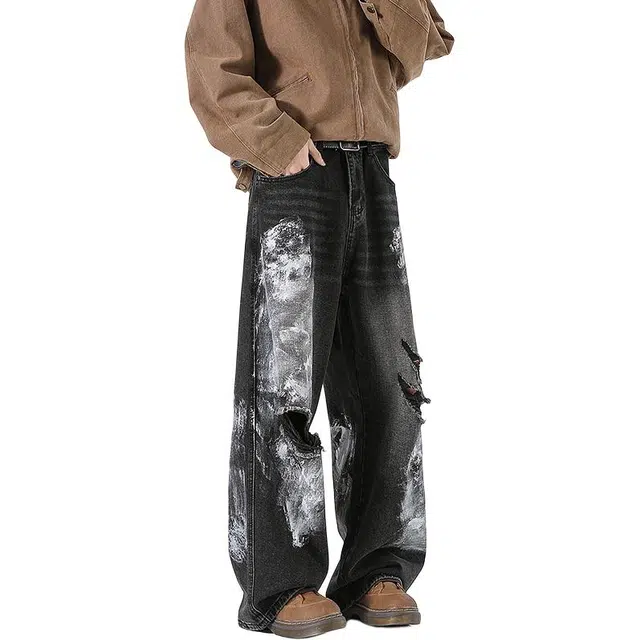 协协乐 高街风磨破破洞泼墨扎染春秋季美式复古做旧潮牌宽松直筒百搭休闲运动长裤牛仔裤 男款