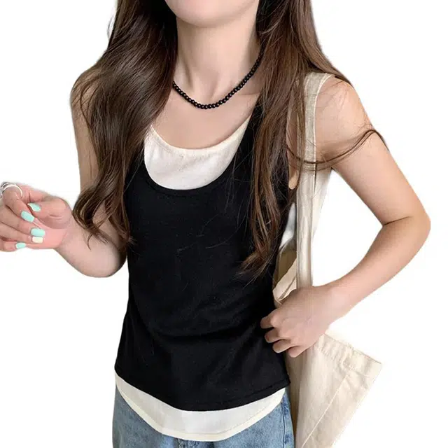 黑恐龙 韩系假两件无袖外穿工字吊带女甜美高级感上衣背心 女款