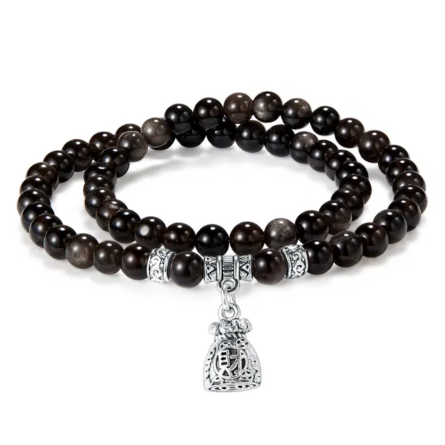 蔻斯琦 【暴富有钱花】新中式钱袋 双层叠戴 财运滚滚招财转运国风高级感文玩盘玩 好运 黑曜石 手串 男女同款情侣款