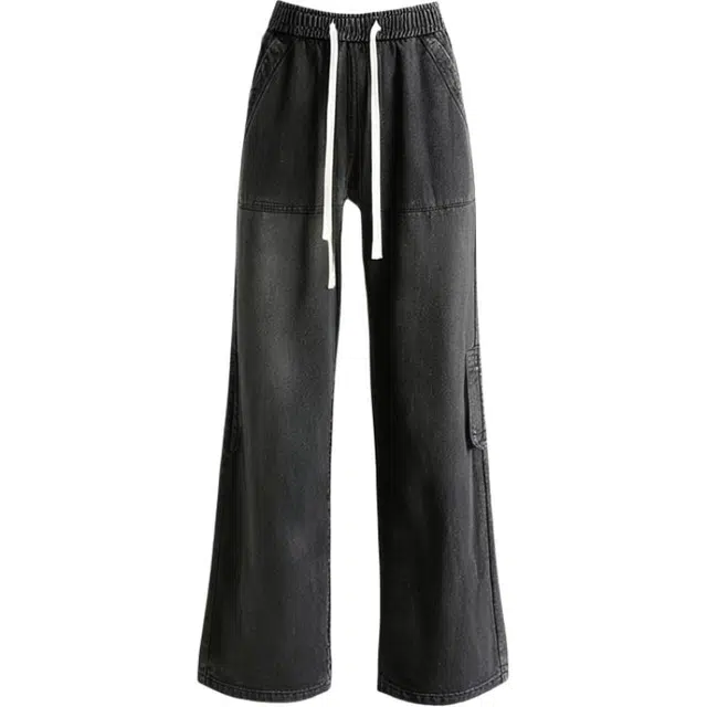 下层基础 基础简约拼接解构设计感抽绳织带宽松阔腿长裤美式高街复古经典百搭垂感水洗牛仔裤 男女同款