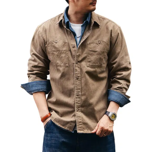 格蓝鹿 春秋季 美式复古城市机能风男士工装外套潮牌高街痞帅阿美咔叽水洗做旧拼接口袋设计休闲长袖上衣衬衫 宽松 男女同款
