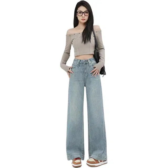 么宁 高腰韩版宽松遮胯显瘦水洗做旧拖地感阔腿裤时尚百搭微喇牛仔裤 女款
