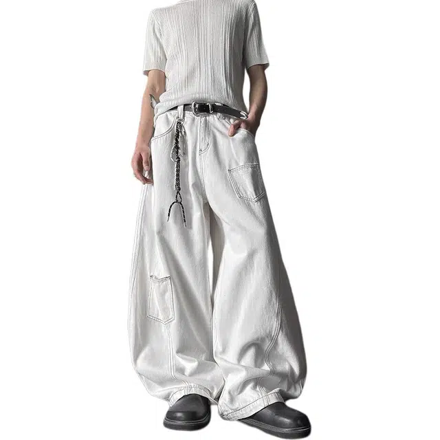 地界二 美式高街白色设计感弯刀宽松显瘦阔腿拖地裤子牛仔裤 男女同款