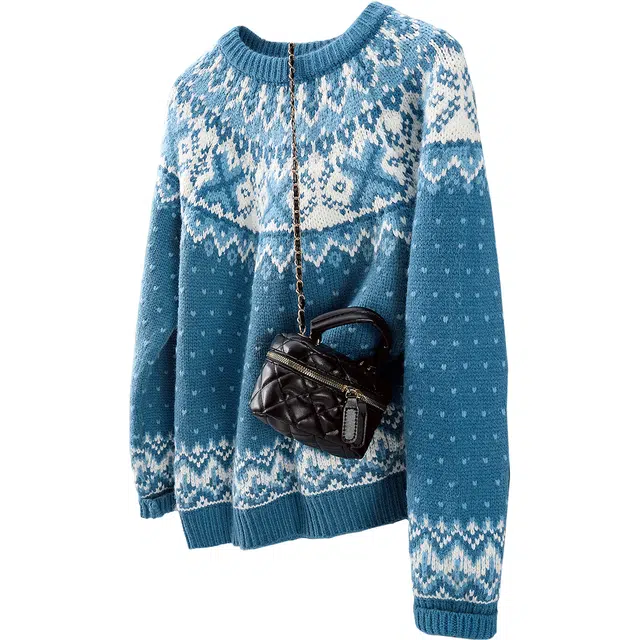 丝柏舍 撞色图案圆领复古宽松款套头清新休闲插肩长袖毛衣 女款