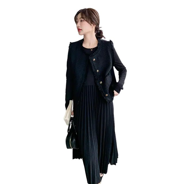 稻草人 小香风马甲连衣裙两件套气质百褶裙设计款裙装套装 女款