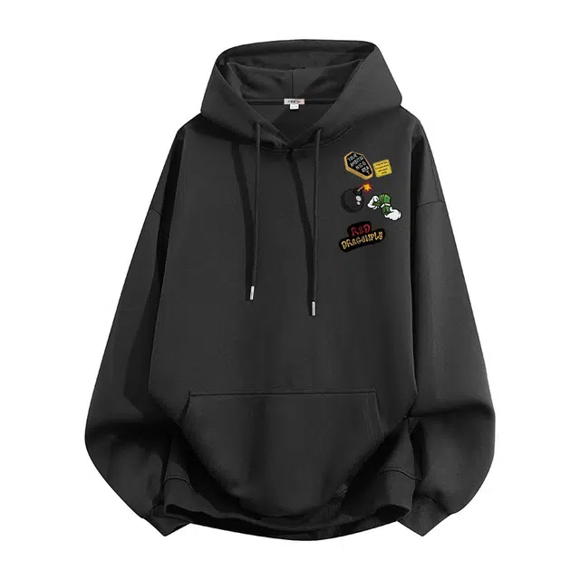 红蜻蜓 美式高街复古经典纯色基础纯棉重磅创意卡通图案印花宽松通勤百搭舒适亲肤透气休闲连帽套头卫衣 男女同款