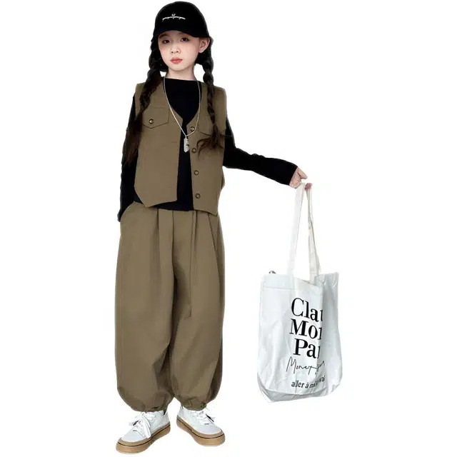 木木兔休闲运动套装 青春时尚女孩马甲灯笼裤三件套 宽松舒适百搭个性洋气潮流 青少年