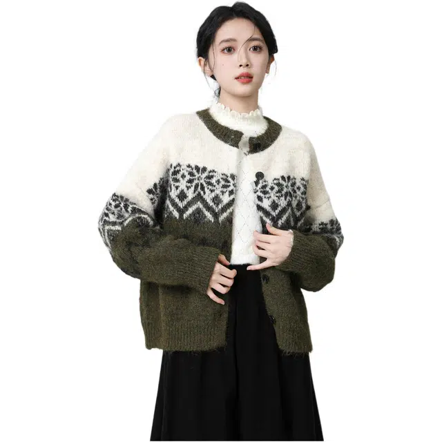 缪斯的诱惑 复古费尔岛圆领女秋冬软糯加厚针织开衫上衣截短外套 女款