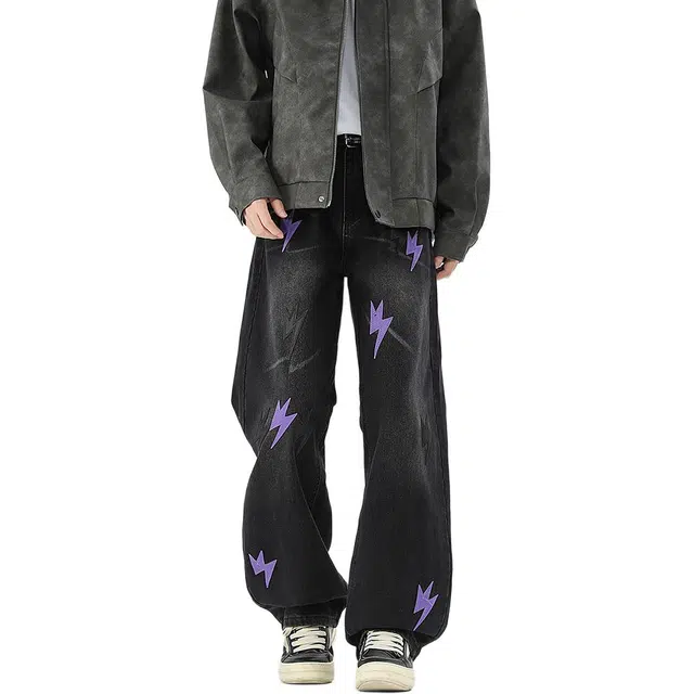 协协乐 闪电纹贴布高街风设计感春秋季美式复古做旧水洗宽松直筒阔腿拖地裤百搭休闲运动长裤牛仔裤 男款