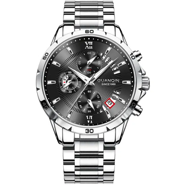 冠琴 国潮多功能镂空三眼日历 石英机芯 钢表带 国表 男表 黑色表盘 夜光防水