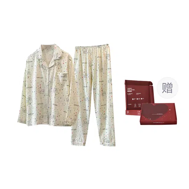 顶瓜瓜 云朵棉长袖长裤翻领开衫甜美卡通波点小白狗家居服秋季睡衣礼盒 女款