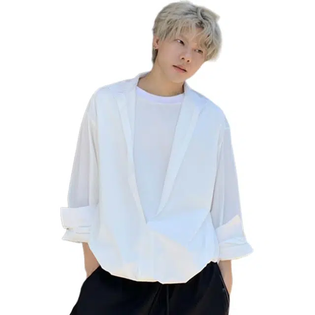 冈哉 美式韩版假两件衬衣简约风纯色冰丝设计外套少年感空调舒适基础款打底内搭潮搭长袖衬衫 男女同款