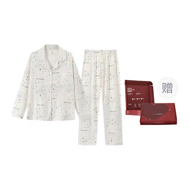 顶瓜瓜 云朵棉长袖长裤翻领开衫可爱卡通波点小白狗舒适家居服秋季睡衣礼盒 女款