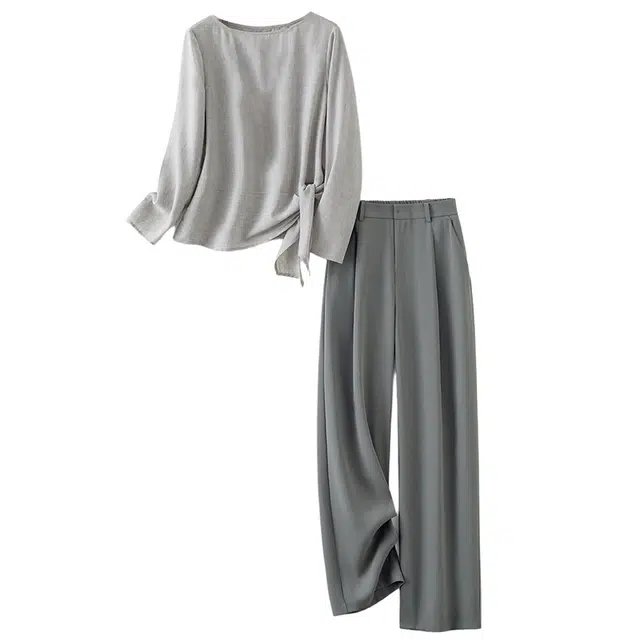 潞优野 高级感显瘦显高纽结长袖衬衫舒适简约西装裤两件套女时尚裤套秋季休闲套装 女款