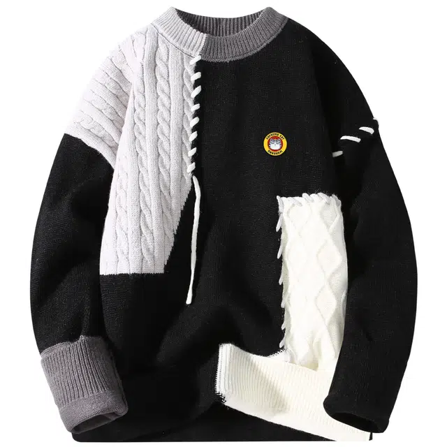 吾皇猫 日系复古基础款简约百搭加绒加厚慵懒风时尚胸针设计针织宽松保暖内搭不对称拼色撞色打底衫无性别穿搭休闲毛衣 男女同款