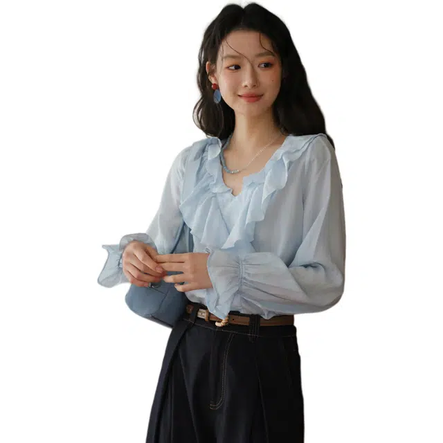 谜秀 蓝色荷叶边小衫衬衫 女款