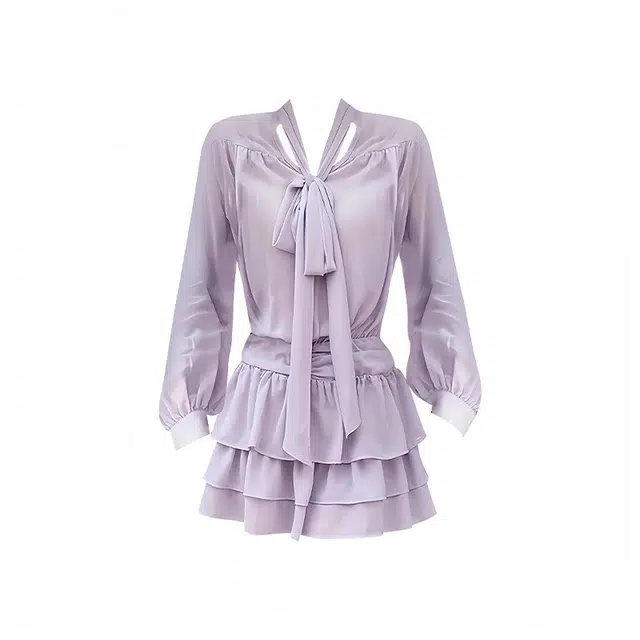 海獭 韩系气质温柔法式蝴蝶结长袖连衣裙 女款