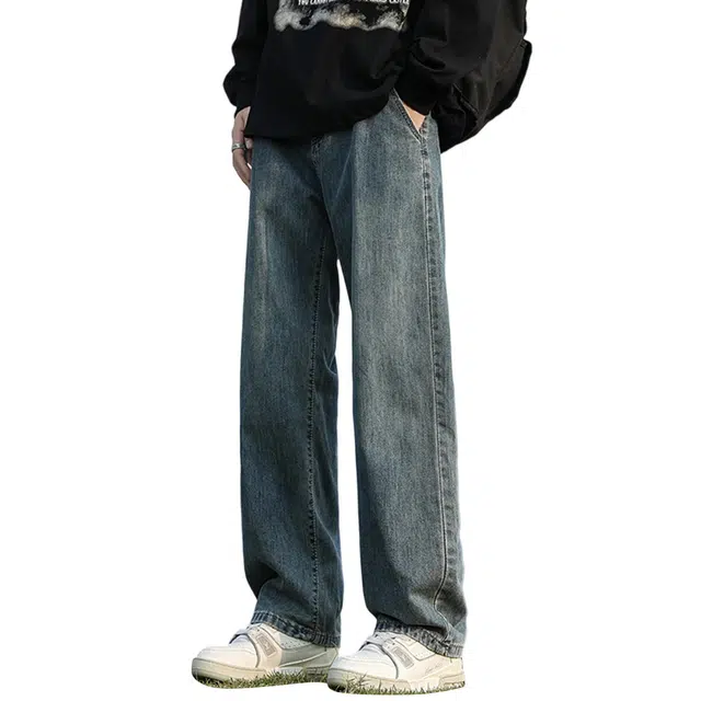顶峰保罗 潮流美式高街宽松垂感直筒无性别主义冰丝微喇复古时尚痞帅休闲工装长裤子牛仔裤 男女同款