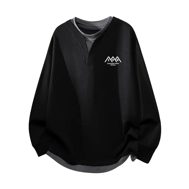 梓润格 假两件华夫格韩系个性简约时尚经典潮流美式复古设计感高级户外运动日常通勤套头宽松休闲无性别主义青春感圆领卫衣 男女同款