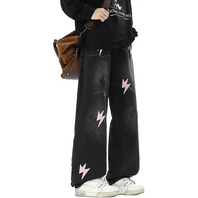 协协乐 闪电纹贴布设计感高街风美式复古做旧水洗春秋季宽松直筒阔腿拖地裤百搭休闲运动长裤牛仔裤 男款