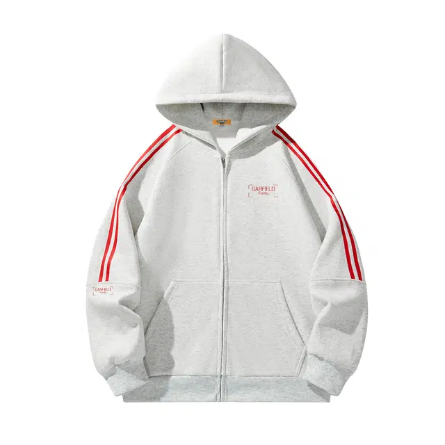 加菲猫家族 美式落肩创意手绘英文字母印花两条杠条纹休闲长袖上衣外套潮流百搭亲肤透气无性别主义帽衫宽松连帽卫衣 男女同款