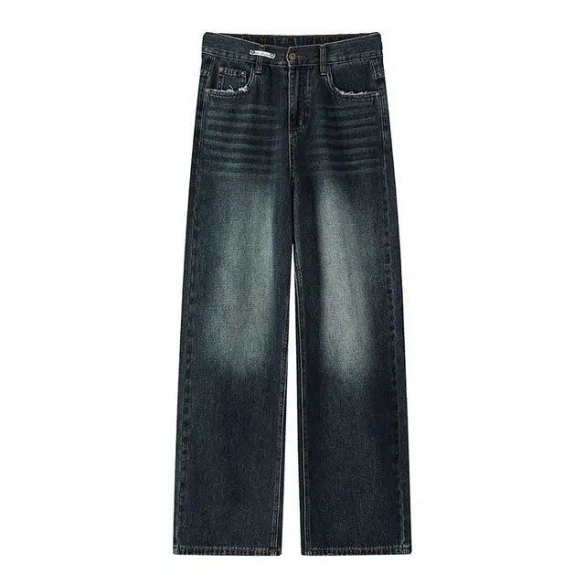 艾梵斯贝 美式复古潮流经典做旧水洗简约设计垂感拖地无性别主义高街风日常通勤百搭宽松直筒休闲牛仔裤 男女同款