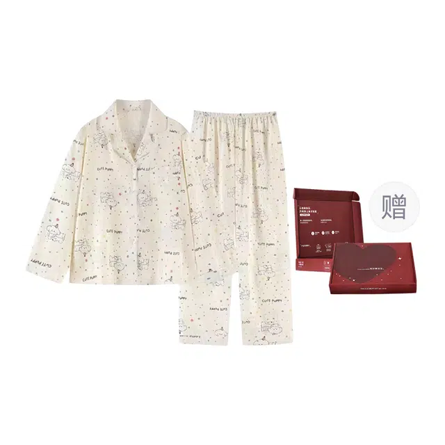 顶瓜瓜 云朵棉长袖长裤翻领开衫可爱卡通波点小白狗家居服秋季睡衣礼盒 女款