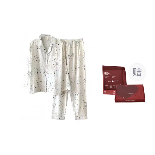 顶瓜瓜 云朵棉长袖长裤翻领开衫可爱卡通波点小白狗休闲家居服秋季睡衣礼盒 女款