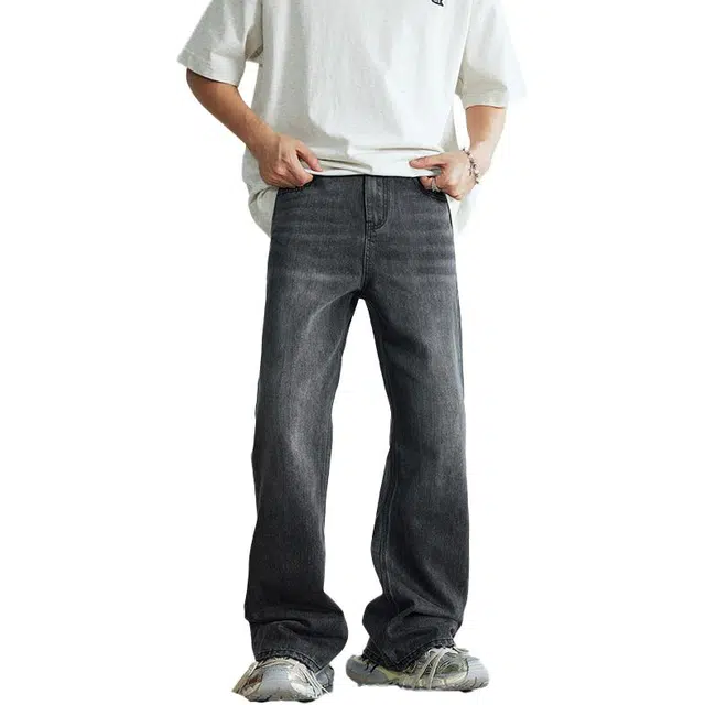 潮人榜 美式复古简约休闲长裤男士宽松春秋款直筒阔腿水洗微喇牛仔裤 男女同款