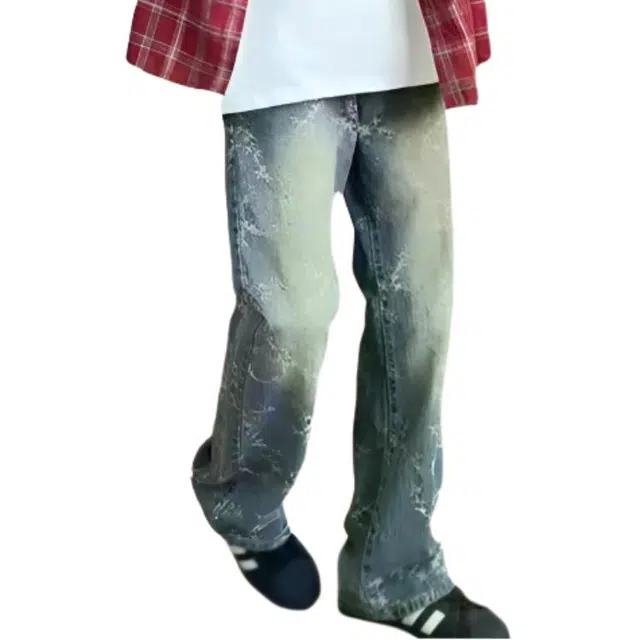 地界二 荆棘提花美式高街裤子水洗直筒微喇弯刀裤长裤牛仔裤 男女同款