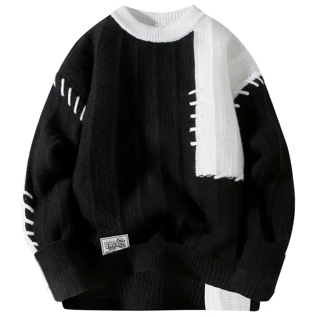 吾皇猫 慵懒风美式复古基础款简约百搭加绒加厚圆领套头时尚贴布设计针织宽松保暖内搭不对称拼色撞色打底衫无性别穿搭休闲毛衣 男女同款