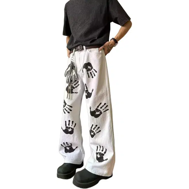 地界二 美式高街手掌印花白色潮牌嘻哈炸街宽松直筒长裤牛仔裤 男女同款