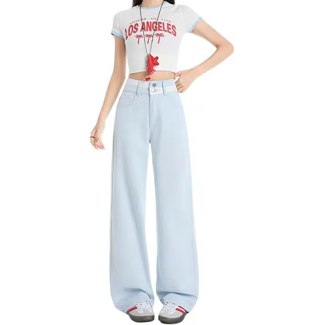 么宁 高腰阔腿裤宽松显瘦直筒拖地梨形双排扣刺绣设计感牛仔裤 女款