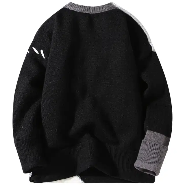 吾皇猫 慵懒风日系复古基础款简约百搭时尚贴布设计针织宽松保暖内搭圆领套头不对称拼色撞色打底衫无性别穿搭休闲毛衣 男女同款