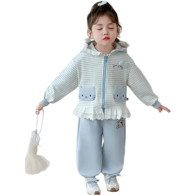 比比我休闲运动套装  女童春秋季大童潮牌猫咪花边小孩衣服 小女孩长袖洋气时髦 舒适帅气轻便