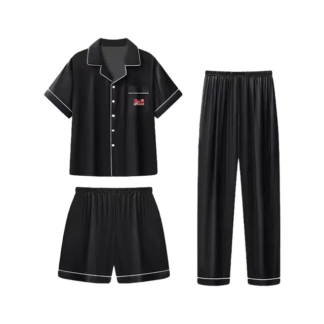 加菲猫家族 冰丝三件套短袖长裤夏季薄款丝绸大码宽松家居服睡衣套装 男款