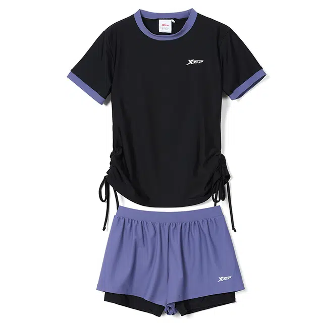 特步 泳装女士游泳运动保守短袖短裤两件套专业训练遮肚显瘦速干透气大码分体泳衣 女款