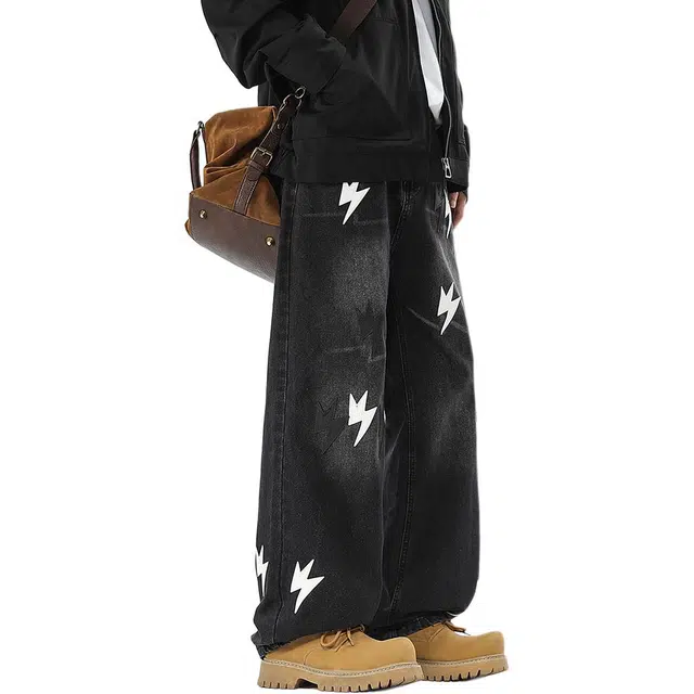 协协乐 闪电纹贴布高街风设计感美式复古做旧水洗春秋季宽松直筒阔腿拖地裤百搭休闲运动长裤牛仔裤 男款
